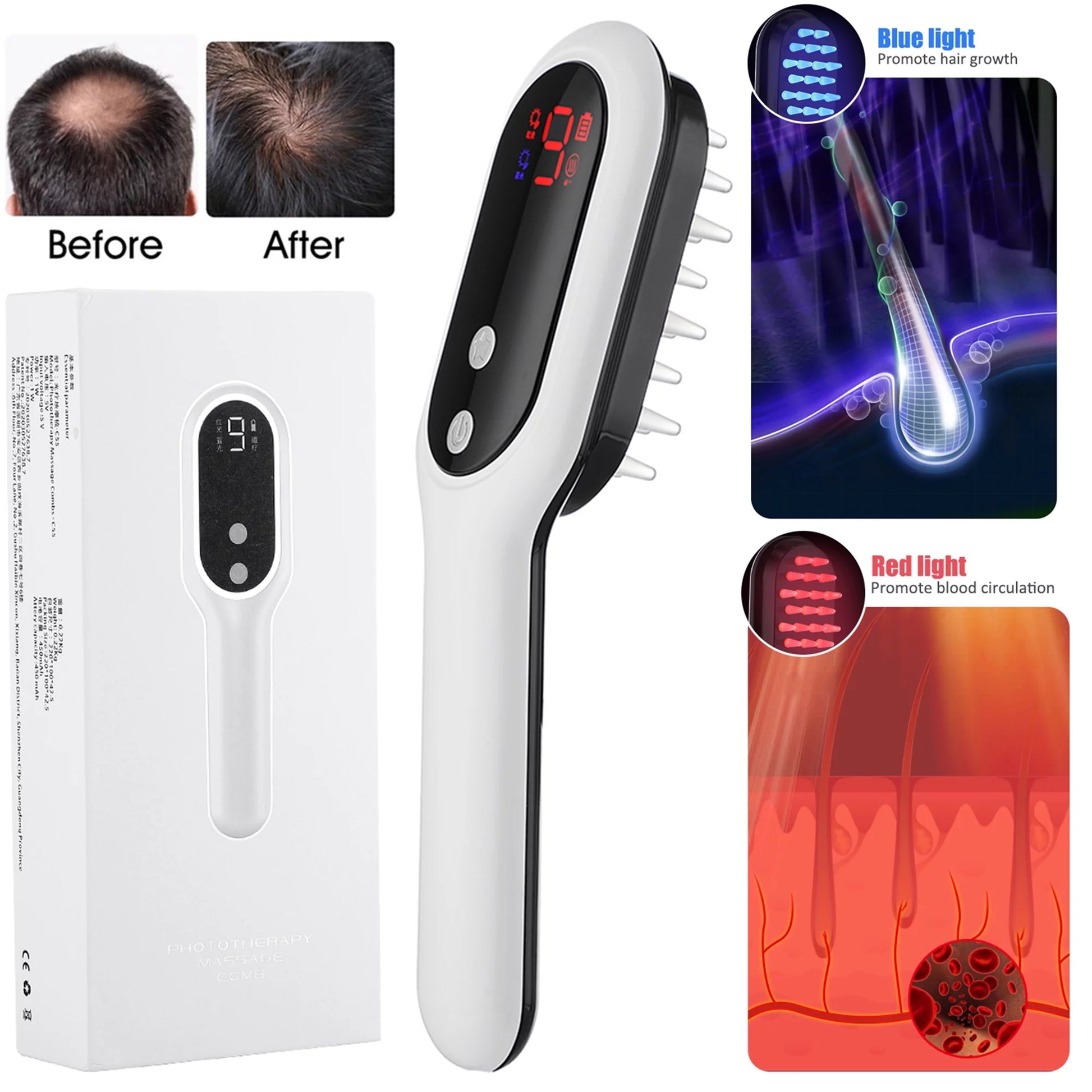 CrownElixer™ | Laser Hair Regrowth Comb – Red/Blue Light & Vibration Therapy for Hair Loss